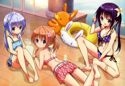 Rule 34 | 3girls, absurdres, ass, bad feet, barefoot, bikini, bikini skirt, blue eyes, blue hair, blush, breasts, brown hair, casual one-piece swimsuit, cleavage, feet, flower, front-tie top, gochuumon wa usagi desu ka?, hair flower, hair ornament, highres, hoto cocoa, hugging own legs, inflatable toy, innertube, kafuu chino, legs, long hair, looking at viewer, looking back, lying, multiple girls, nyantype, official art, okuda yousuke, on stomach, one-piece swimsuit, open mouth, plaid, plaid bikini, polka dot, polka dot bikini, polka dot swimsuit, pool, poolside, purple eyes, purple hair, scan, side-tie bikini bottom, side ponytail, sitting, smile, soles, swim ring, swimsuit, tedeza rize, toes, twintails, water, wet