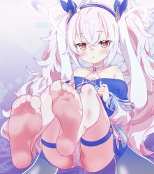 Rule 34 | 1girl, :o, arbiter1, azur lane, blue dress, blue hairband, blush, bow, dress, grey hair, hair bow, hair ornament, hairband, highres, knees up, laffey (azur lane), long hair, looking at viewer, no shoes, off-shoulder dress, off shoulder, panties, pantyhose, red eyes, solo, thigh strap, twintails, underwear, white panties, white pantyhose