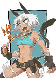 Rule 34 | 1girl, belt buckle, belt pouch, blue background, blue eyes, blush, bob cut, border, breasts, bright pupils, buckle, cat girl, character name, claws, collar, cowboy shot, crop top, fangs, fingerless gloves, gloves, medium breasts, ms. fortune (skullgirls), navel, neck bell, open mouth, pouch, scar, scar on face, short hair, skullgirls, solo, suzurino, underboob, white border, white hair, white pupils