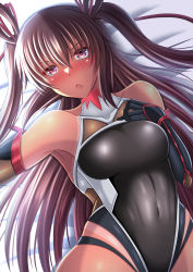 Rule 34 | 1girl, absurdres, bare shoulders, blush, bodysuit, breasts, brown hair, covered navel, curvy, dark-skinned female, dark skin, fingerless gloves, gloves, hair between eyes, hair ribbon, hand on own chest, highleg, highleg leotard, highres, kanna (minamozuki), leotard, lineart, long hair, lying, mizuki yukikaze, one-piece tan, open mouth, pink eyes, ribbon, shiny clothes, shiny skin, simple background, small breasts, smile, solo, standing, taimanin (series), taimanin rpgx, taimanin suit, taimanin yukikaze, tan, tanline, thong leotard, turtleneck, twintails, upper body, very long hair, wide hips