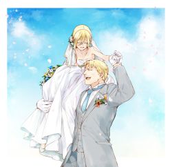 Rule 34 | 1boy, 1girl, ^ ^, bare shoulders, blonde hair, blue sky, blush, bouquet, boutonniere, breasts, bridal veil, carrying, krista lenz, cleavage, closed eyes, collarbone, collared shirt, commentary request, couple, day, dress, closed eyes, flower, gloves, happy, hetero, holding hands, long sleeves, married, necktie, okiami (kotoriko252), over shoulder, reiner braun, shingeki no kyojin, shirt, sky, small breasts, smile, strapless, strapless dress, tuxedo, veil, wedding, wedding dress, white gloves