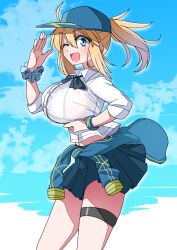 Rule 34 | 1girl, absurdres, ahoge, akitokage, artoria pendragon (fate), baseball cap, blonde hair, blue eyes, blue hat, blue jacket, blue skirt, blue sky, blush, bouncing breasts, bow, bowtie, breasts, clothes around waist, collared shirt, dress shirt, fate/grand order, fate (series), hair between eyes, hair through headwear, hat, highres, jacket, jacket around waist, large breasts, long hair, long sleeves, looking at viewer, miniskirt, mysterious heroine x (fate), mysterious heroine xx (fate), one eye closed, open mouth, ponytail, shirt, shoes, sidelocks, skirt, sky, smile, sneakers, solo, swimsuit, thigh strap, white shirt, wristband