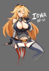 Rule 34 | 10s, 1girl, arceonn, blonde hair, breasts, character name, clothes writing, fingerless gloves, garter straps, gloves, iowa (kancolle), kantai collection, large breasts, long hair, miniskirt, simple background, skirt, solo, star-shaped pupils, star (symbol), symbol-shaped pupils, thighhighs, zettai ryouiki