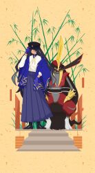 Rule 34 | 1girl, absurdres, alternate costume, bamboo, black footwear, black hair, black headwear, black skin, blue eyes, blue gloves, blue hakama, boots, colored skin, commentary request, creatures (company), game freak, geeta (pokemon), gloves, grey skin, hair over one eye, hakama, haori, hat, highres, hms61523607, japanese clothes, kingambit, long hair, long legs, multicolored skin, nintendo, pokemon, pokemon (creature), pokemon sv, red skin, very long hair, yellow background