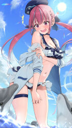 Rule 34 | 1girl, @ @, ^^^, arm under breasts, beret, bikini, blue bikini, blue bow, blue choker, blue hair, blue headwear, blue sailor collar, blue sky, blush, bow, bowsan, braid, breasts, choker, cleavage, cloud, collarbone, colored inner hair, commentary, day, dolphin, feet out of frame, floating hair, french braid, frilled bikini, frills, furrowed brow, hair bow, hat, highres, hololive, jacket, lens flare, long hair, looking down, low twintails, medium breasts, minato aqua, multicolored hair, navel, open mouth, outdoors, pink eyes, pink hair, sailor collar, sky, sleeves past elbows, sparkle, stomach, streaked hair, sun, surprised, swimsuit, thigh strap, twintails, two-tone hair, very long hair, virtual youtuber, wading, water, white jacket