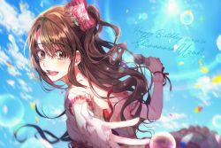 Rule 34 | 1girl, :d, backless outfit, bow, brown eyes, brown hair, choker, cloud, dated, earrings, flower, frills, from m0r0, gloves, hair bow, hair flower, hair ornament, happy birthday, idol, idol clothes, idolmaster, idolmaster cinderella girls, jewelry, long hair, looking back, microphone, open mouth, petals, shimamura uzuki, side ponytail, sky, smile, solo, sun, sunlight, upper body