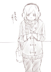 Rule 34 | 1girl, bag, earmuffs, greyscale, highres, jacket, legs together, long sleeves, looking at viewer, mittens, monochrome, niwatazumi, original, pantyhose, pleated skirt, scarf, school bag, short hair, sketch, skirt, solo, translated, white background