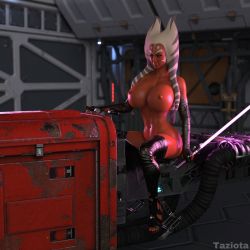 Rule 34 | 1girl, 3d, alien, black footwear, black gloves, blurry, blurry background, boots, breasts, clone wars, colored skin, elbow gloves, energy sword, full body, functionally nude, gloves, highres, huge breasts, indoors, lightsaber, looking at viewer, navel, nipples, nude, red skin, shiny skin, sitting, solo, star wars, star wars: the clone wars, sword, taziota (artist), thigh boots, thighhighs, toeless footwear, togruta, weapon