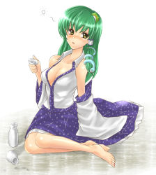 Rule 34 | 1girl, bad id, bad pixiv id, barefoot, blush, bottle, breasts, cleavage, cup, detached sleeves, drunk, feet, female focus, green hair, kochiya sanae, large breasts, no bra, open clothes, open shirt, shirt, solo, takemori shintarou, touhou, yellow eyes