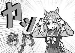 Rule 34 | 3girls, absurdres, admire vega (umamusume), animal ears, bow, bowtie, crown, emphasis lines, forehead, glint, greyscale, grimace, hands up, highres, horse ears, horse girl, horse tail, long hair, long sleeves, monochrome, multiple girls, narita top road (umamusume), numecolon, open mouth, sailor collar, school uniform, short hair, smile, solo focus, sound effects, sunglasses, t.m. opera o (umamusume), tail, tracen school uniform, umamusume, v-shaped eyebrows