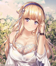 Rule 34 | 1girl, bad id, bad pixiv id, blonde hair, blouse, blue sky, blush, breasts, bush, cleavage, cloud, cloudy sky, day, double bun, fletcher (kancolle), flower, hair bun, hair ornament, hairband, juurouta, kantai collection, large breasts, long hair, looking at viewer, off shoulder, outdoors, purple eyes, rose, shirt, sky, smile, solo, star (symbol), star hair ornament, twitter username, upper body, white shirt, wristband