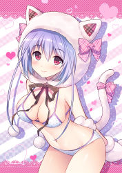 Rule 34 | 1girl, animal ears, animal hands, animal hood, arms behind back, bikini, border, breasts, cat ears, cat girl, cat hood, cat tail, cleavage, gloves, heart, hood, lace, lace border, large breasts, looking at viewer, mauve, navel, original, ornate border, outside border, pastel colors, paw gloves, polka dot, polka dot bikini, polka dot swimsuit, purple eyes, purple hair, skindentation, smile, solo, strap gap, swimsuit, tail, white bikini