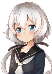 Rule 34 | 10s, 1girl, arms at sides, black dress, black ribbon, black sailor collar, blue eyes, blush, closed mouth, collarbone, commentary request, dress, grey hair, hair between eyes, hair ribbon, head tilt, konno junko, long hair, low twintails, neckerchief, ribbon, sailor collar, sailor dress, short eyebrows, signature, simple background, solo, sylphine, thick eyebrows, twintails, upper body, white background, white neckerchief, zombie land saga