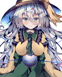 Rule 34 | 1girl, alternate hair length, alternate hairstyle, black hat, blush, breasts, closed mouth, commentary request, fant, green eyes, grey hair, hat, heart, heart of string, highres, komeiji koishi, long hair, long sleeves, looking at viewer, simple background, smile, solo, third eye, touhou, upper body, white background