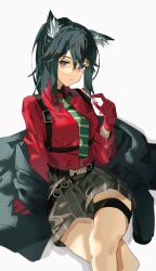 Rule 34 | 1girl, absurdres, animal ear fluff, animal ears, arknights, belt, black coat, black hair, breasts, brown eyes, buckle, cat ears, cat girl, cigarette, closed mouth, coat, crossed legs, expressionless, gloves, green necktie, grey skirt, highres, holding, holding cigarette, looking at viewer, medium breasts, medium hair, necktie, o-ring, o-ring belt, off-shoulder coat, off shoulder, ponytail, red gloves, red shirt, rinne0611, shadow, shirt, shorts, sidelocks, simple background, sitting, skirt, strap, striped clothes, striped necktie, striped shorts, striped skirt, texas (arknights), thigh strap, white background