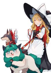 Rule 34 | 1girl, animalization, apron, black headwear, black skirt, black vest, blonde hair, bow, braid, closed mouth, commentary request, dog, feet out of frame, frilled apron, frilled bow, frilled skirt, frills, green eyes, hair bow, hakurei reimu, hat, hat bow, highres, horns, kirisame marisa, komano aunn, komano aunn (komainu), leash, long hair, long sleeves, pet walking, red bow, red scarf, scarf, shirt, simple background, single braid, single horn, skirt, sweatdrop, tongue, tongue out, touhou, twitter username, uchisaki himari, vest, white apron, white background, white bow, white shirt, witch hat, yellow eyes