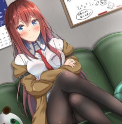 Rule 34 | 1girl, black pantyhose, blue eyes, blush, board, breasts, calendar (object), closed mouth, collared shirt, couch, crossed arms, crossed legs, dutch angle, jacket, pantyhose under shorts, long hair, long sleeves, makise kurisu, medium breasts, metal upa, necktie, off shoulder, pantyhose, pantyhose under shorts, red hair, red necktie, shirt, shorts, sitting, solo, steins;gate, straight hair, sunsun2812, sweatdrop, translation request