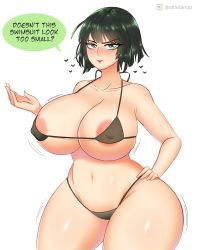 Rule 34 | 1girl, absurdres, alternate hair length, alternate hairstyle, areola slip, bare shoulders, bikini, black bikini, blush, breasts, closed mouth, collarbone, cowboy shot, curvy, fubuki (one-punch man), green eyes, green hair, hand on own hip, highres, huge breasts, looking at viewer, micro bikini, navel, one-punch man, shiny skin, simple background, solo, speech bubble, standing, startop, sweat, swimsuit, text focus, white background, wide hips