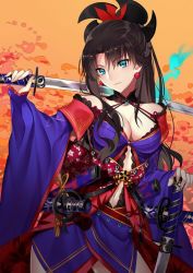 Rule 34 | 1girl, bare shoulders, black hair, blue eyes, blue fire, blue kimono, breasts, cleavage, closed mouth, clothing cutout, commentary request, cosplay, detached sleeves, dual wielding, earrings, fate/grand order, fate/stay night, fate (series), fire, hair ornament, hand on hilt, holding, holding sword, holding weapon, japanese clothes, jewelry, katana, kimono, leaf print, long hair, maple leaf print, medium breasts, miyamoto musashi (fate), miyamoto musashi (fate) (cosplay), miyamoto musashi (third ascension) (fate), navel cutout, parted bangs, ponytail, sheath, sheathed, solo, sword, tohsaka rin, unsheathed, weapon, wide sleeves, yaoshi jun