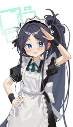 Rule 34 | absurdres, alpha beast, apron, aris (blue archive), aris (maid) (blue archive), black dress, black hair, blue archive, blue eyes, blue ribbon, blush, collared dress, dress, frilled apron, frills, green halo, halo, hand on own hip, hand up, highres, long hair, maid, maid apron, maid headdress, nail polish, official alternate costume, parted bangs, parted lips, puffy short sleeves, puffy sleeves, red nails, ribbon, salute, short sleeves, side ponytail, simple background, rectangular halo, teeth, very long hair, white apron, white background, wrist cuffs