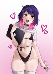 Rule 34 | 1girl, artist self-insert, bare shoulders, black nails, blush, breasts, brown eyes, choker, gradient hair, highres, holding, holding pen, ipad, looking at viewer, multicolored hair, nail polish, navel, open mouth, original, pen, purple hair, short hair, shrug (clothing), small breasts, smile, solo, stephringo, tablet pc, thick thighs, thighhighs, thighs, thong, two-tone hair, white thighhighs, wide hips