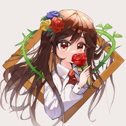 Rule 34 | 1girl, absurdres, ascot, blue flower, blue rose, brown eyes, brown hair, commentary, covering own mouth, flower, grey background, highres, ib (ib), ib (kouri), kuangketi, long hair, long sleeves, picture frame, red ascot, red flower, red rose, rose, shirt, simple background, solo, thorns, upper body, white shirt, white sleeves, yellow flower, yellow rose
