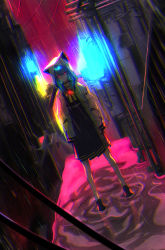Rule 34 | 1girl, alley, belt, blue hair, choker, chromatic aberration, dutch angle, expressionless, full body, hands in pockets, highres, hololive, hood, hoshimachi suisei, hoshimachi suisei (school uniform), jacket, pleated skirt, puddle, rain, red eyes, saco (cgmore), sailor collar, skirt, solo, virtual youtuber, white jacket