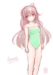 Rule 34 | 1girl, alternate costume, breasts, brown hair, character name, collarbone, commentary request, feet out of frame, green one-piece swimsuit, hair ornament, kantai collection, kisaragi (kancolle), koshigaya tatsumi, one-piece swimsuit, purple eyes, small breasts, smile, solo, standing, strapless, strapless one-piece swimsuit, swimsuit