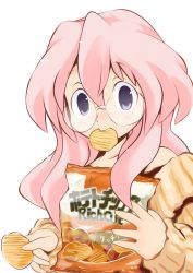 Rule 34 | 00s, 1girl, bad id, bad pixiv id, bare shoulders, chips (food), dokuda, food, glasses, hair between eyes, holding, long hair, long sleeves, lucky star, mouth hold, pink hair, potato chips, purple eyes, rimless eyewear, simple background, solo, sweater, takara miyuki, upper body
