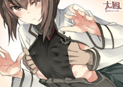 Rule 34 | 10s, 1girl, blush, grabbing another&#039;s breast, brown eyes, brown hair, character name, flat chest, flat chest grab, grabbing, grabbing from behind, jpeg artifacts, kantai collection, one eye closed, short hair, solo focus, super zombie, taihou (kancolle), tears, twitter username, upper body