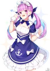 Rule 34 | 1girl, :d, ahoge, anchor, anchor symbol, auui, blue bow, blue dress, blue hair, blue ribbon, blush, bow, braid, breasts, colored shadow, commentary request, dress, drop shadow, frilled dress, frills, hair ribbon, hand up, heart, highres, hololive, long hair, maid headdress, medium breasts, minato aqua, minato aqua (1st costume), multicolored hair, open mouth, pink hair, puffy short sleeves, puffy sleeves, purple eyes, ribbon, shadow, short sleeves, signature, smile, solo, sparkle, standing, teeth, twintails, two-tone hair, upper teeth only, v, very long hair, virtual youtuber, white background, white bow, wrist cuffs