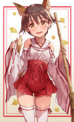 Rule 34 | 1girl, absurdres, animal ear fluff, animal ears, bamboo broom, blonde hair, blush, broom, brown-eared bulbul, brown hair, dog ears, hair between eyes, hiari, highres, hip vent, japanese clothes, looking at viewer, michairu, miko, miyafuji yoshika, short hair, smile, solo, strike witches, thighhighs, thighs, white background, world witches series
