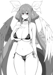 Rule 34 | 1girl, angel wings, areola slip, arm behind back, asymmetrical wings, bare shoulders, bikini, black bikini, blush, breasts, choker, cleavage, closed mouth, collarbone, covered erect nipples, dizzy (guilty gear), fingernails, fuuma (bangolga1), greyscale, groin, guilty gear, hair between eyes, hair ribbon, hair rings, hand on own chest, large breasts, long hair, mature female, monochrome, navel, red eyes, ribbon, sharp fingernails, sidelocks, skindentation, smile, solo, stomach, sweat, sweatdrop, swimsuit, thigh gap, thighs, twintails, underboob, wings