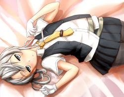 Rule 34 | 10s, 1girl, asymmetrical hair, belt, black pantyhose, blouse, blush, collared shirt, female focus, flipped hair, gloves, grey eyes, kantai collection, looking at viewer, lying, necktie, nowaki (kancolle), on back, pantyhose, parted lips, pleated skirt, school uniform, shirt, silver hair, skirt, solo, swept bangs, thighband pantyhose, tie clip, triangle mouth, urokozuki, vest, white gloves, yellow necktie