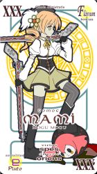 Rule 34 | 1girl, beret, boots, brown thighhighs, charlotte (madoka magica), company connection, detached sleeves, drill hair, fingerless gloves, gloves, gun, hair ornament, hairpin, hat, latin text, magic circle, magical musket, mahou sensei negima!, mahou shoujo madoka magica, mahou shoujo madoka magica (anime), pactio, parody, pleated skirt, puffy sleeves, ribbon, rifle, shaft (company), skirt, striped clothes, striped thighhighs, thighhighs, tomoe mami, vertical-striped clothes, vertical-striped thighhighs, weapon, zettai ryouiki