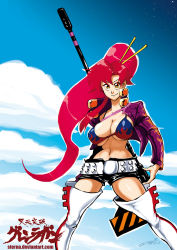 Rule 34 | 00s, 1girl, anti-materiel rifle, artist name, bikini, bikini top only, boots, breasts, cleavage, cropped jacket, damien dozias, day, flame print, gun, hair ornament, hair stick, high collar, highres, large breasts, long hair, over shoulder, ponytail, red hair, rifle, self-upload, signature, sky, smile, sniper rifle, solo, star (sky), starry sky, swimsuit, tengen toppa gurren lagann, thigh boots, thighhighs, unaligned breasts, underboob, very long hair, watermark, weapon, weapon over shoulder, web address, yellow eyes, yoko littner