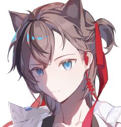 Rule 34 | 1boy, absurdres, animal ear fluff, animal ears, arknights, blue eyes, chess04247, closed mouth, hair ribbon, highres, jacket, long hair, looking at viewer, male focus, one side up, portrait, red ribbon, ribbon, simple background, solo, stainless (arknights), white background, white jacket