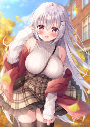 Rule 34 | 1girl, :d, bag, bare shoulders, black thighhighs, blue sky, blurry, blurry background, blush, breasts, brown skirt, building, cloud, commentary request, day, depth of field, detached sleeves, fang, frilled skirt, frills, fringe trim, ginkgo leaf, grey hair, hair between eyes, hair ornament, hairclip, hand up, large breasts, leaf, long hair, long sleeves, mitsuba choco, open mouth, original, outdoors, plaid, plaid skirt, red eyes, red scarf, ribbed sweater, scarf, shoulder bag, skindentation, skirt, sky, sleeveless, sleeveless turtleneck, sleeves past wrists, smile, solo, sweater, thighhighs, turtleneck, turtleneck sweater, twitter username, very long hair, white sleeves, window