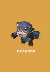 Rule 34 | bearmon, belt, claws, digimon, digimon (creature), hat, orange background, simple background, solo