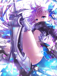 Rule 34 | 10s, 1girl, armor, armored boots, belt, blue eyes, blue ribbon, boots, coat, fate/extra, fate/extra ccc, fate (series), long hair, long sleeves, meltryllis (fate), revealing clothes, ribbon, solo, spikes, zenyu