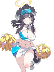 Rule 34 | 1girl, absurdres, animal ears, bare shoulders, black hair, blue archive, blue eyes, blush, breasts, cheerleader, cleavage, commentary request, crop top, foot out of frame, halo, halterneck, hibiki (blue archive), hibiki (cheer squad) (blue archive), highres, holding, holding pom poms, large breasts, lir (cuhc3357), long hair, looking at viewer, midriff, miniskirt, navel, official alternate costume, pleated skirt, pom pom (cheerleading), pom poms, shoes, simple background, skirt, sneakers, solo, standing, standing on one leg, stomach, thighs, white background, white footwear, white skirt