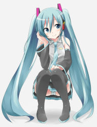 Rule 34 | 1girl, aqua eyes, aqua hair, black thighhighs, blush, boots, detached sleeves, grey background, hair ribbon, hand on own face, hatsune miku, headset, highres, legs together, long hair, looking at viewer, necktie, panties, pantyshot, pigeon-toed, ribbon, skirt, sleeveless, smile, solo, squatting, striped clothes, striped panties, sudachi (calendar), thigh boots, thighhighs, twintails, underwear, very long hair, vocaloid