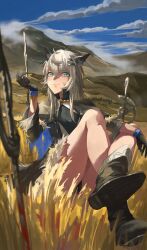 Rule 34 | absurdres, animal ears, arknights, bare legs, black dress, black footwear, blue eyes, blue sky, boots, cloud, commentary request, day, dress, feng zhe (user jnxf3524), grey hair, highres, lappland (arknights), lappland (refined horrormare) (arknights), long hair, looking at viewer, mountain, sky, thighs, wolf ears