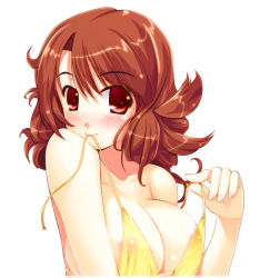 Rule 34 | 1girl, bikini, bikini in mouth, blush, breasts, brown hair, clothes in mouth, idol revolution, large breasts, moric, mouth hold, red eyes, solo, swimsuit, undressing, untied, untying, yellow bikini