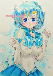 Rule 34 | 1girl, aomidori, bad id, bad pixiv id, bishoujo senshi sailor moon, bishoujo senshi sailor moon stars, blue bow, blue eyes, blue hair, blue neckwear, blue sailor collar, blue skirt, blue theme, blush, bow, breasts, brooch, choker, circlet, cowboy shot, earrings, elbow gloves, gloves, impossible clothes, jewelry, looking at viewer, magical girl, marker (medium), medium breasts, mizuno ami, nipples, no pupils, parted bangs, pleated skirt, puffy sleeves, sailor collar, sailor mercury, sailor senshi uniform, short hair, skirt, solo, star (symbol), star brooch, star choker, stud earrings, super sailor mercury (stars), traditional media, white gloves