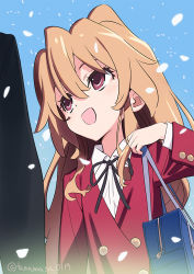 Rule 34 | 1girl, aisaka taiga, bag, black ribbon, blue background, blue bag, brown eyes, brown hair, commentary request, eyebrows hidden by hair, long hair, long sleeves, looking at another, oohashi high school uniform, open mouth, ribbon, school uniform, simple background, smile, tanaka masayoshi, toradora!, upper body