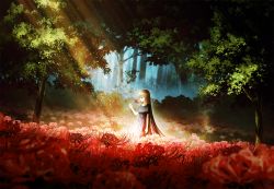 Rule 34 | 1girl, black dress, blonde hair, dress, flower, forest, from side, holding, holding flower, light rays, long hair, mocha (cotton), nature, original, outdoors, petals, plant, red flower, short sleeves, signature, solo, spider lily, sunbeam, sunlight, technoheart, tree, very long hair