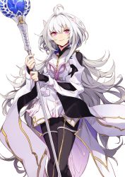 Rule 34 | 1girl, ahoge, black gloves, black pants, breasts, fate/grand order, fate/prototype, fate (series), fingerless gloves, gloves, highres, holding, holding staff, long hair, long sleeves, looking at viewer, medium breasts, merlin (fate/prototype), merlin (fate/prototype) (second ascension), no-kan, pants, purple eyes, robe, simple background, smile, staff, thighs, very long hair, white background, white hair, white robe, wide sleeves