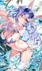 Rule 34 | 1girl, absurdres, bikini, glasses on head, haruhina purple, highres, hololive, partially submerged, pool, rabbit ears, solo, swimsuit, thighhighs, usada pekora, virtual youtuber, wading, water, white thighhighs