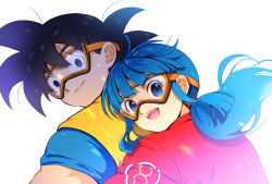 Rule 34 | 1boy, 1girl, :d, alternate color, alternate eye color, alternate hair color, bad id, bad pixiv id, black eyes, black hair, blue eyes, blunt bangs, chi-chi (dragon ball), close-up, clothes writing, dragon ball, dragon ball (classic), eyelashes, floating hair, goggles, happy, hime cut, hug, hug from behind, jacket, libeuo (liveolivel), light particles, long hair, looking at viewer, looking away, open mouth, orange-framed eyewear, ponytail, red jacket, sidelocks, simple background, smile, son goku, teeth, upper body, upper teeth only, white background